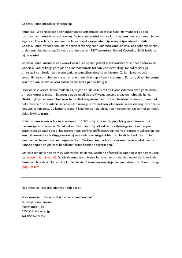 Persbericht opening/verbouwing