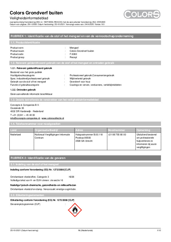 Veiligheidsblad Colors Grondverf voor buiten