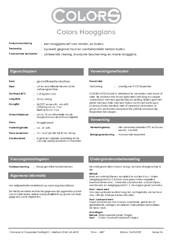 Technisch informatieblad Colors Hoogglans