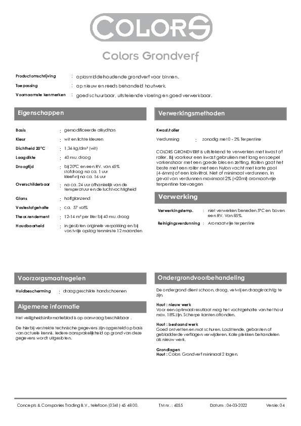 Technisch informatieblad Colors Grondverf voor binnen Technisch informatieblad Colors Grondverf voor binnen