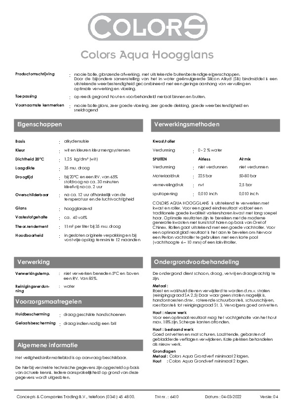 Technisch informatieblad Colors Aqua hoogglans