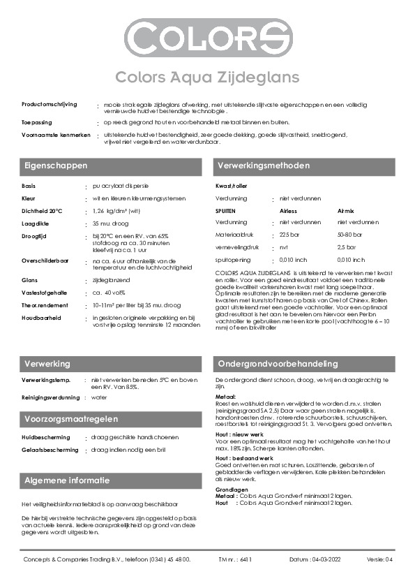 Technisch informatieblad Colors Aqua Zijdeglans