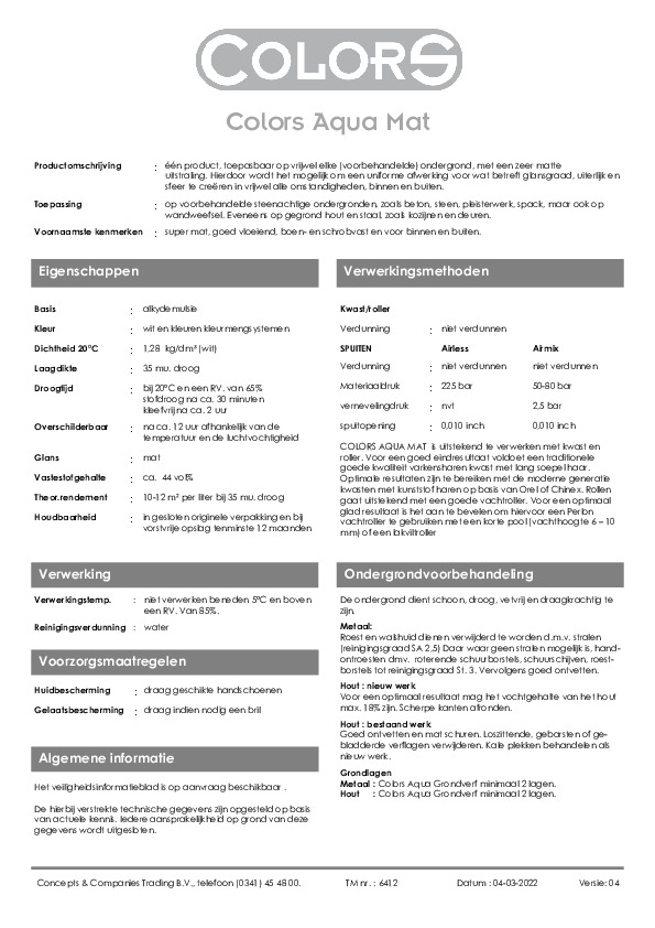 Technisch informatieblad Colors Aqua Mat