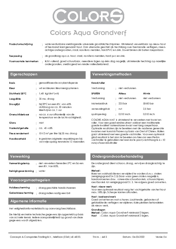 Technisch informatieblad Colors Aqua Grondverf Technisch informatieblad Colors Aqua Grondverf