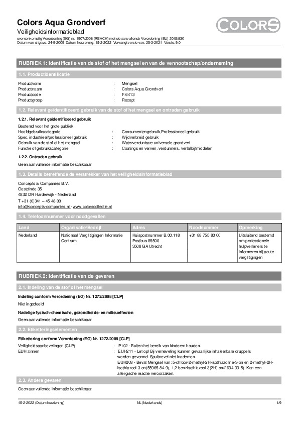 Veiligheidsblad Colors Aqua Grondverf