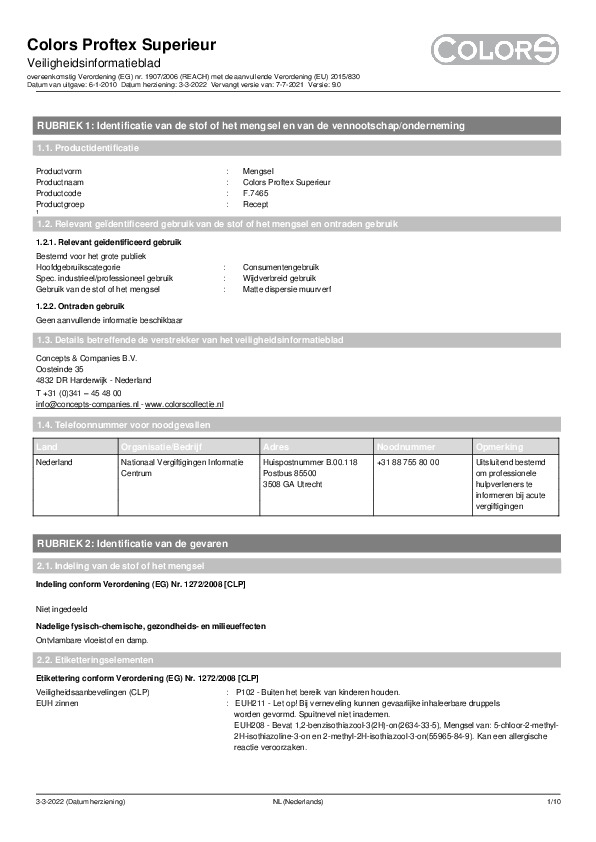 Veiligheidsblad Colors Proftex Superieur Veiligheidsblad Colors Proftex Superieur
