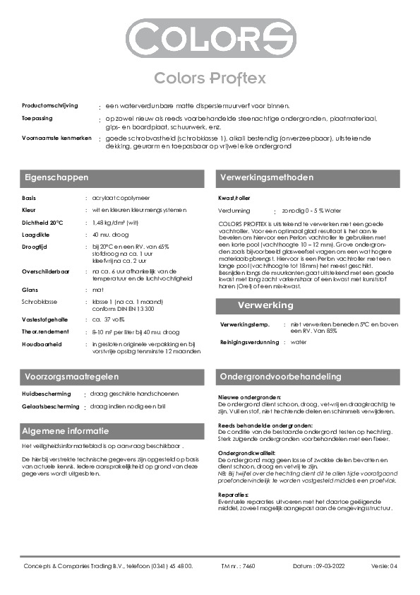 Technisch blad Colors Proftex