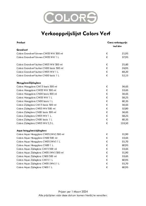 Verkoopprijslijst Verkoopprijslijst